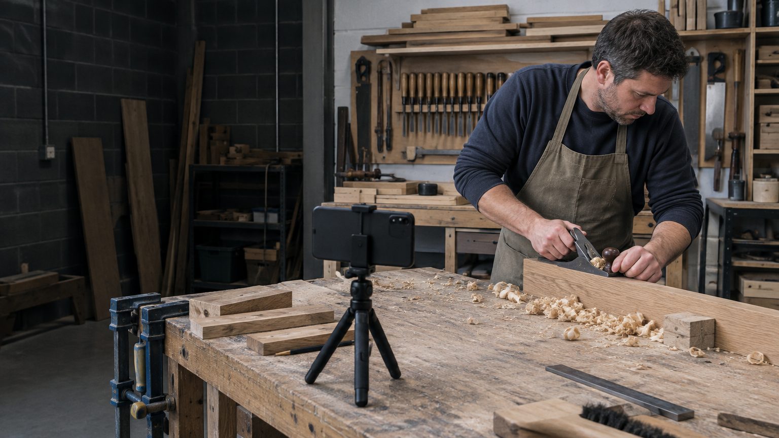 In a joinery workshop, a joiner planes an oak board at his bench while a phone on a small tripod films him.