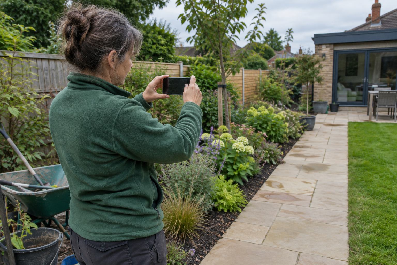 A garden designer films a newly finished garden on her phone, held level, along a sandstone path and planted border.