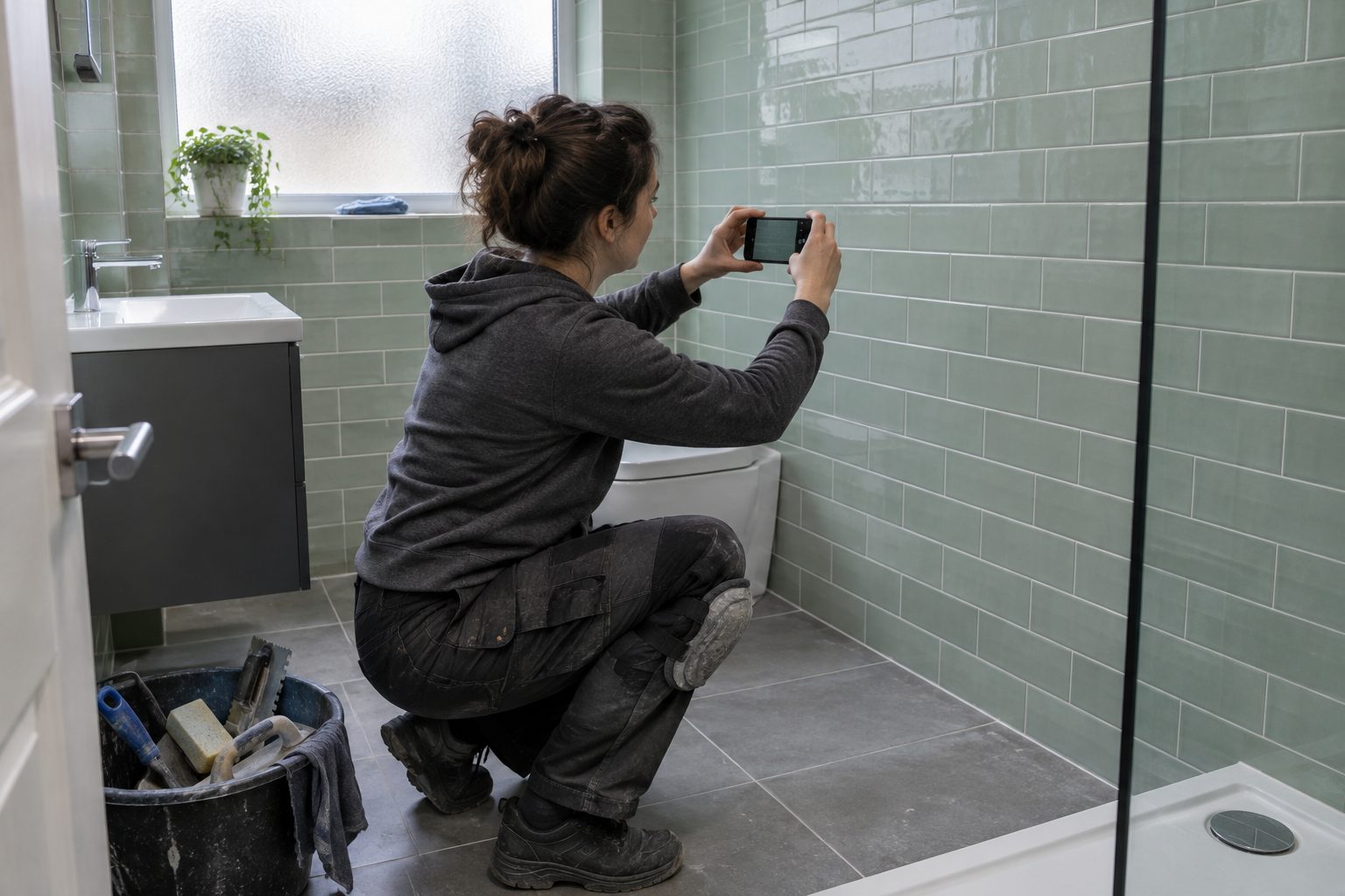 A tiler crouches in a newly tiled bathroom, photographing the finished green tile wall on her phone held level.