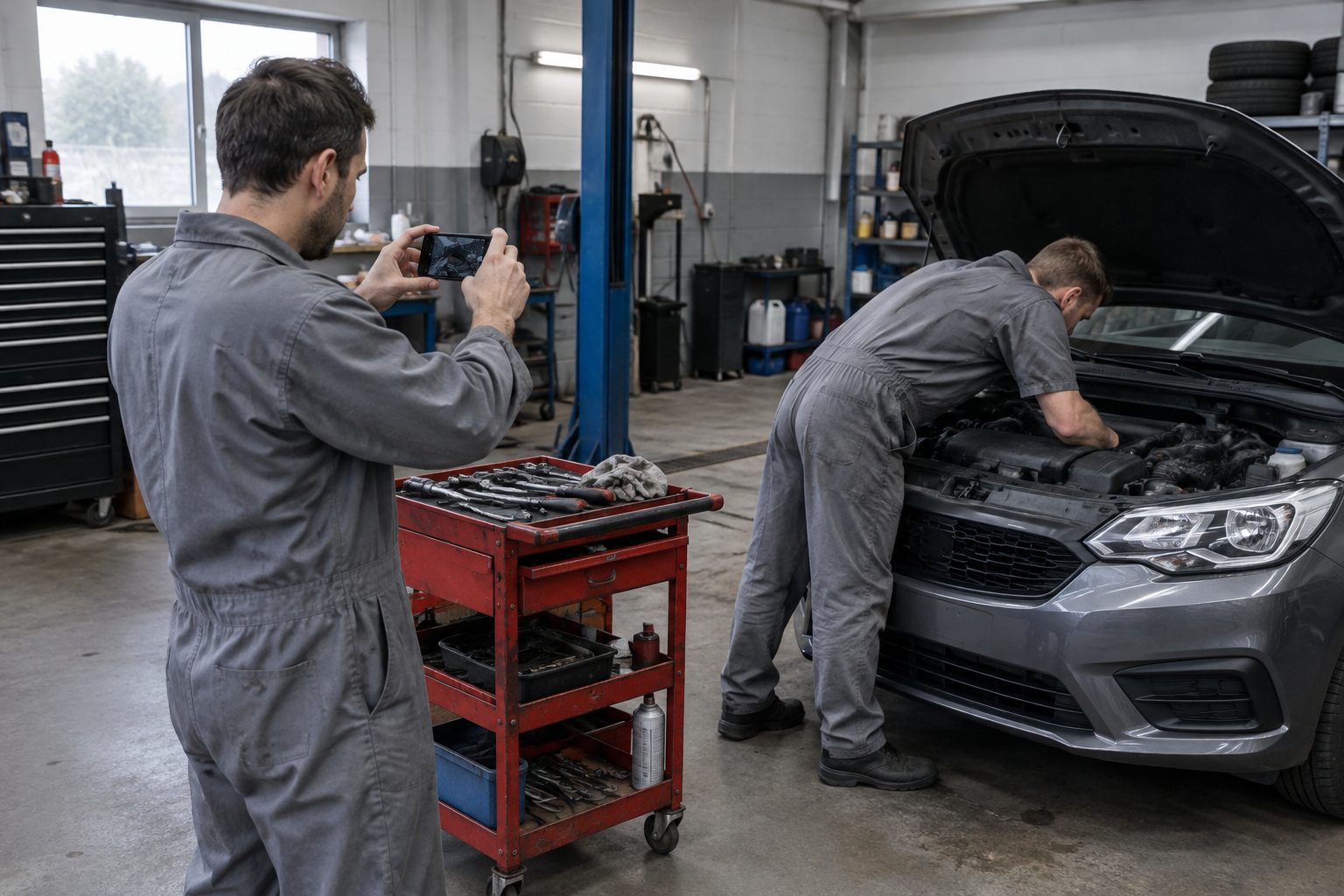 In a small car repair garage, a mechanic films his colleague at work under a raised bonnet on his phone.