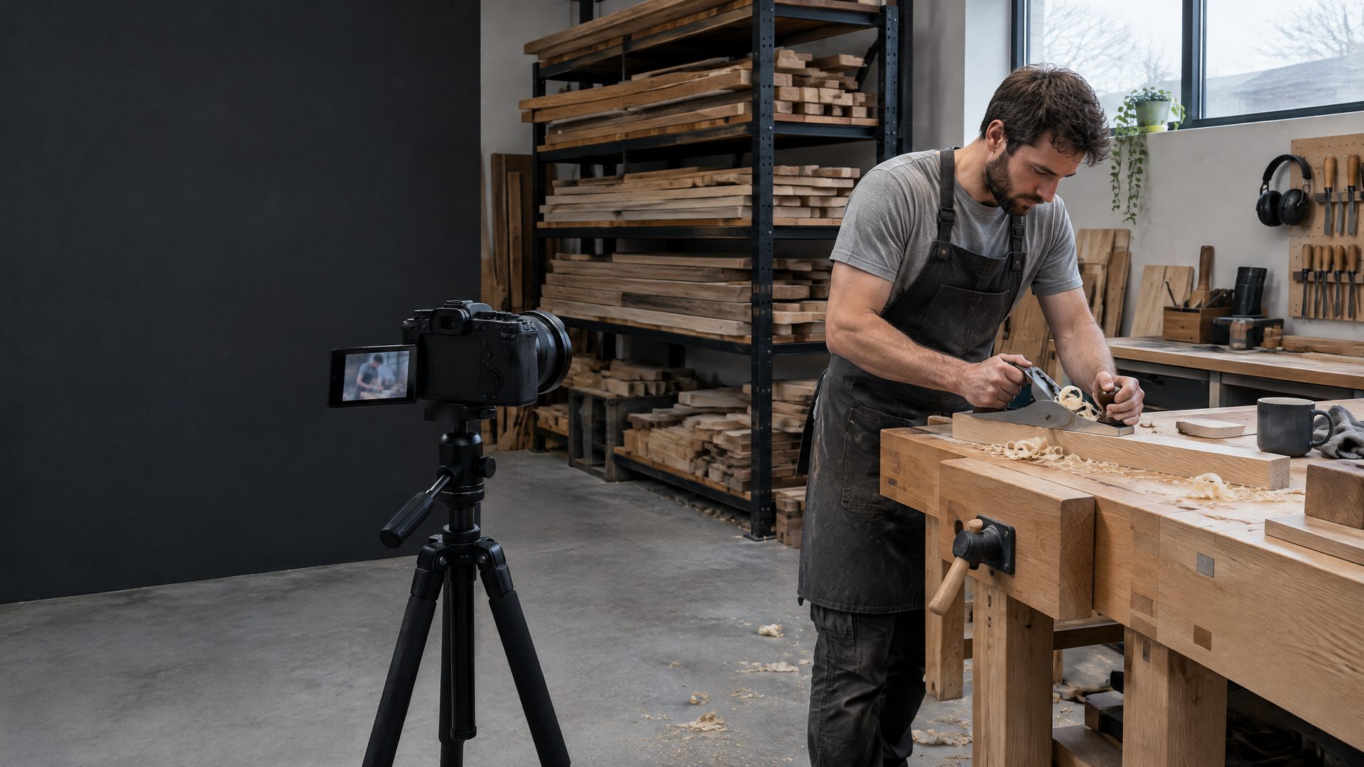 A small camera on a tripod films a joiner planing an oak board at his workbench, its screen showing him at work, with timber racks behind.