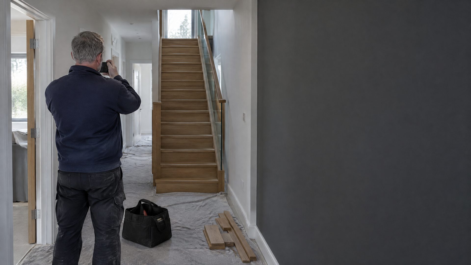 Seen from behind, a joiner photographs a newly fitted oak staircase with a glass balustrade from a dust-sheeted hallway, his tool bag at his feet.