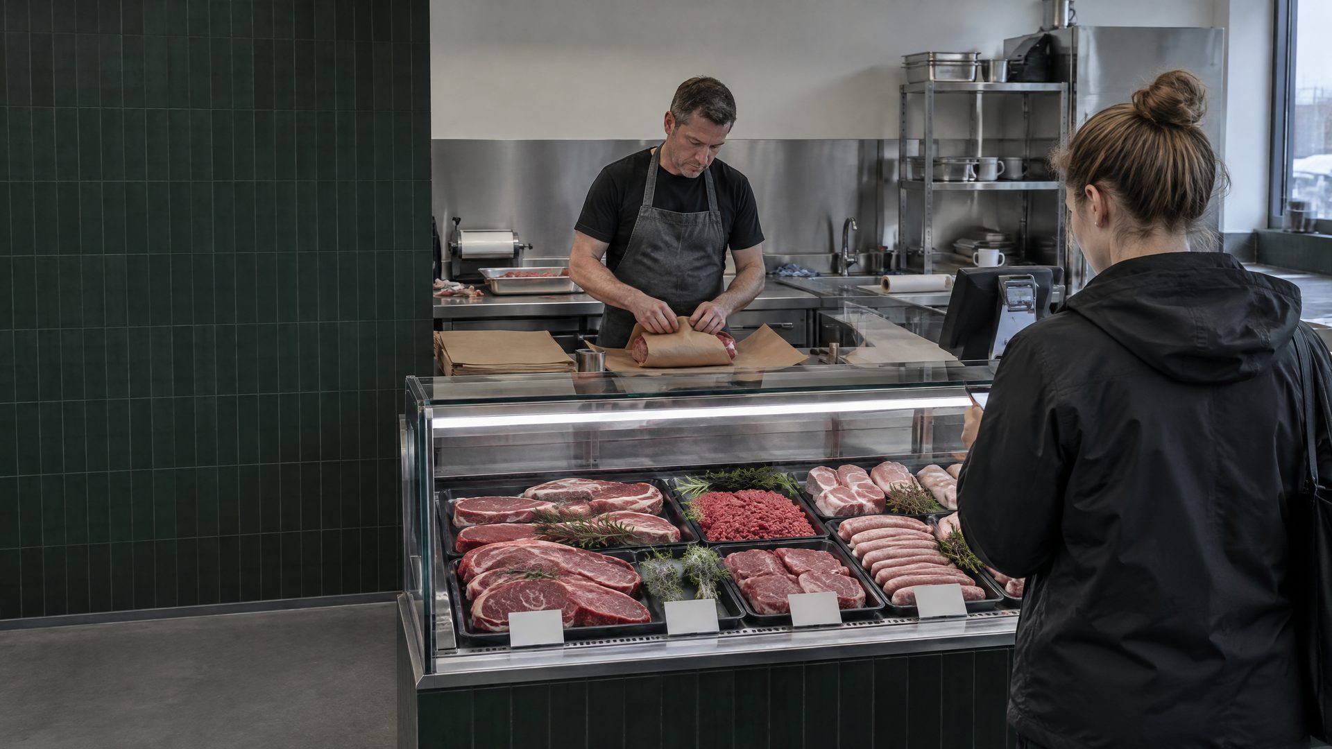 A customer in a black rain jacket waits at a butcher's glass counter while the butcher wraps meat in brown paper at a stainless steel counter.