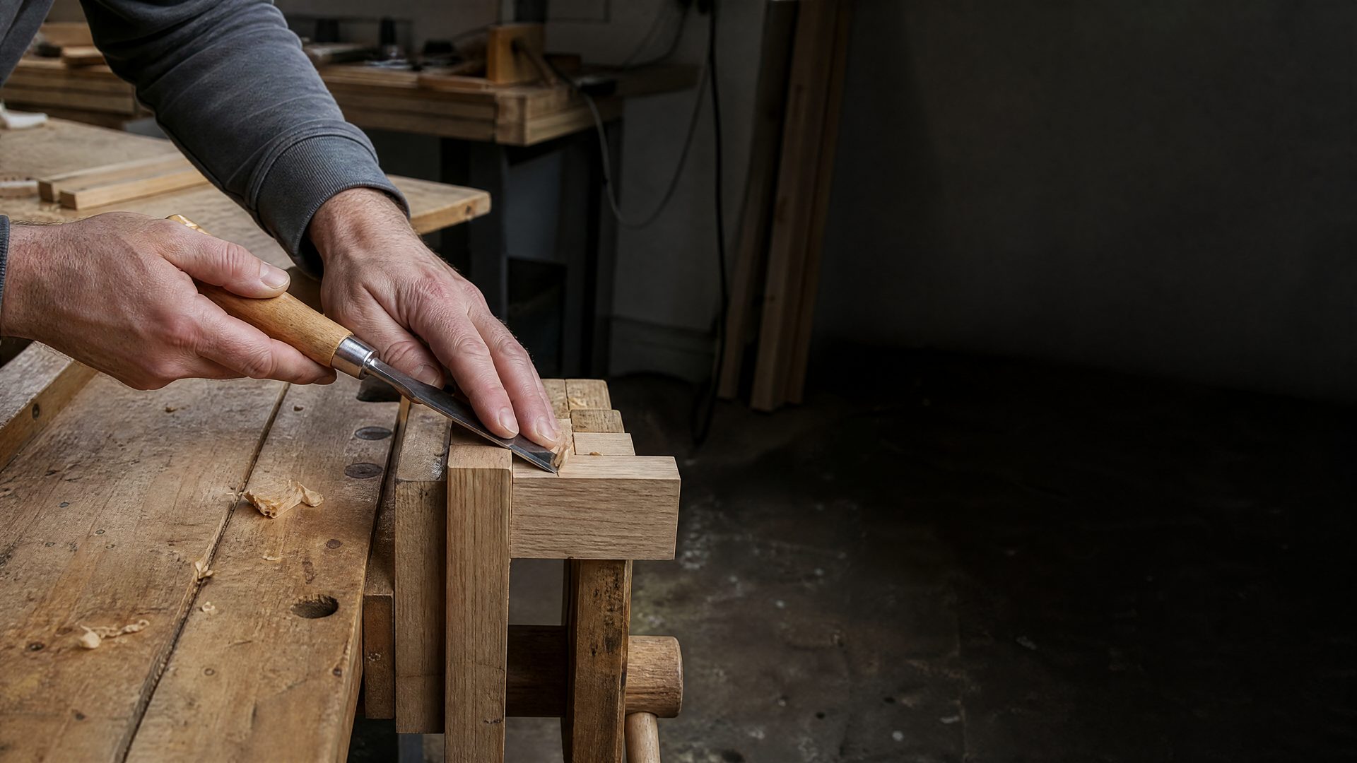 Close-up of a joiner's hands paring an oak joint with a wooden-handled chisel on a workbench, pale shavings curling from the cut.